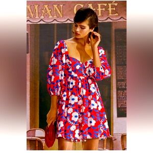 Anthropologie Red and Blue Floral-Printed Mini Dress